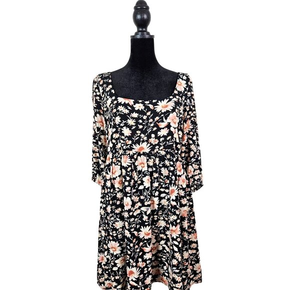 American Eagle Floral Print Black Dress Puff Sleeves & Open Back W/ Tie Detail M - Picture 3 of 12